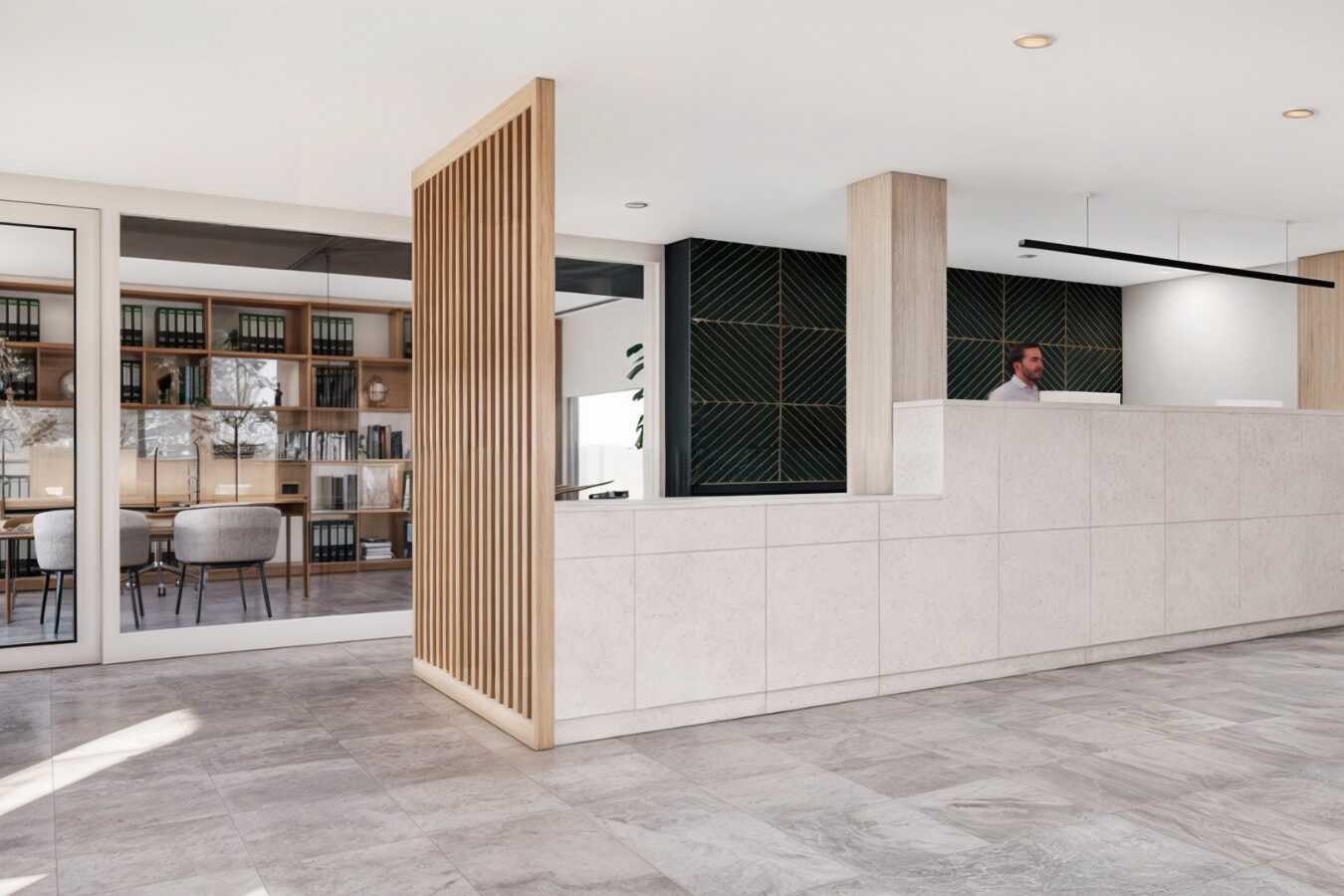 Bilden är en illustration om hur receptionen/lobbyn kommer att se ut efter renoveringen.